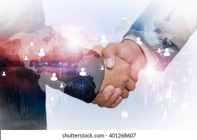 Double exposure of businessman handshake on industrial business background, connections concept, Elements of this image furnished by NASA. - Shutterstock ID 401268607