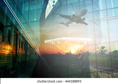 Double Exposure of BusinessMan Hold Tablet and Train, Airplane as Business Transportation, Business Travel or Logistics Concept. 