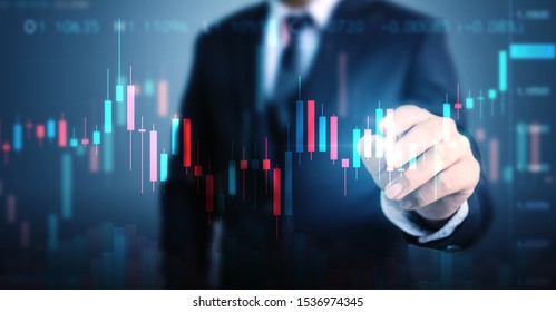 Double Exposure Businessman Pointing Line Dot Graph. Technical Price Candlestick Chart Graph And Indicator Stock Online Trading