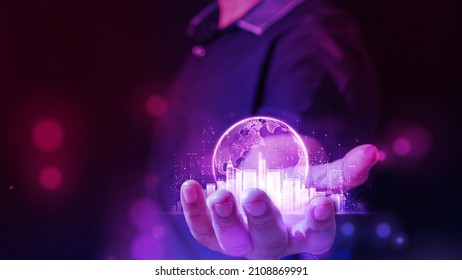 Double exposure of  Businessman showing the smart city of cyberspace and metaverse digital data of futuristic and technology, Internet and big data connection data analysis background concept