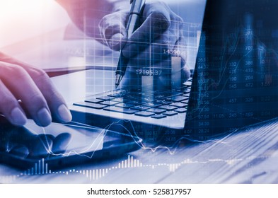 Double exposure businessman and stock market or forex graph suitable for financial investment concept. Economy trends background for business idea and all art work design. Abstract finance background. - Shutterstock ID 525817957