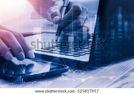 Double exposure businessman and stock market or forex graph suitable for financial investment concept. Economy trends background for business idea and all art work design. Abstract finance background.