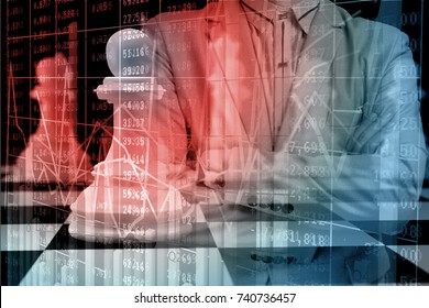 Double Exposure of Businessman in Suit with Chess on Chessboard and Analyze Chart of Line and Bar chart Diagram over Stock Market buy and Sell Data Board as Investment Strategic Planning Concept.