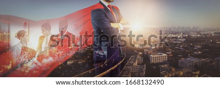 Double exposure businessman superheroes wearing red hero cape with business people team,background cityscape,concept business planning success, leadership, motivation and inspiration,web banner header