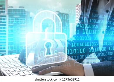 Double exposure of businessman use laptop with padlock technology, Cyber Security Data Protection Business Technology Privacy concept, Internet Concept of global business.