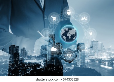 Double Exposure Of Businessman Using Digital Tablet With Multi Channel Banking Payment Communication Ads Network Digital Technology Via Internet Wireless Application Development Mobile Smartphone App.