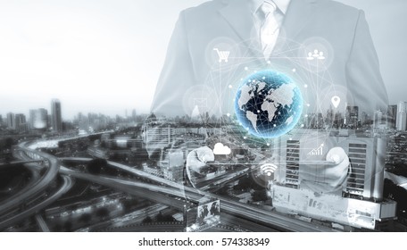 Double Exposure Of Businessman Using Digital Tablet With Multi Channel Banking Payment Communication Ads Network Digital Technology Via Internet Wireless Application Development Mobile Smartphone App.