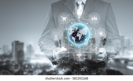 Double Exposure Of Businessman Using Digital Tablet With Multi Channel Banking Payment Communication Ads Network Digital Technology Via Internet Wireless Application Development Mobile Smartphone App.