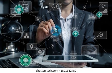 Double exposure of businessman using growing global network and data connections, Technology Process System Business concept, Background toned image blurred.