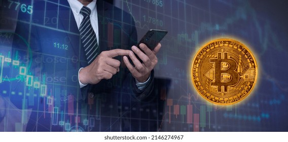 Double Exposure Businessman Using Smart Phone To Trade Stocks And Market Investment Scenarios With Background Bitcoin Market Graphs To See Investment Movements, This Is Business Concept.