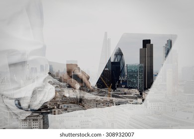 Double Exposure Of Businessman Working On His Laptop In Office With London City Background