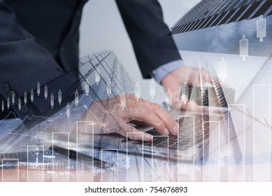 Double exposure of businessman working on laptop computer and cityscape with business data background and financial graph, e business, investment management, business strategy analysis concept - Powered by Shutterstock