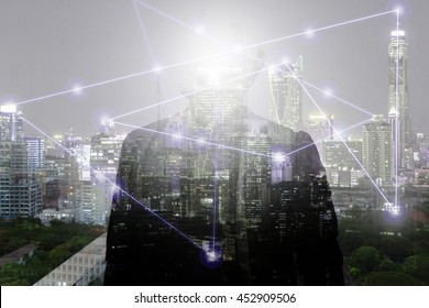 Double Exposure Of Businessmen City Scape And Network Connection Concept.Business Concept Of Success Industry Tech Architecture