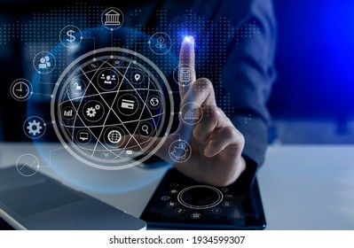 Double exposure of businesswoman hand using digital global connection icons and networking data exchanges with modern technology layer effect and business strategy concept, blurred background. 