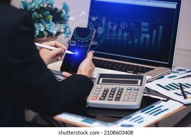 Double Exposure Of Businesswoman Hands Working On Tablet Computer With Business Digital Finance Marketing Chart And Future Technology Innovation And Digital Transformation Concept.