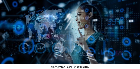 Double exposure of Businesswoman working on artificial intelligence and holographic interface network icons, communication and digital innovation technology AI concept. - Powered by Shutterstock