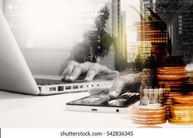 Double exposure of businesswomen using smart phone with blur city day and night and connection network and business concept, copy space, mock up.