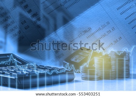 Double exposure of calculator,account book,bar,house and car key remote on finance and banking concept