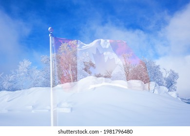 A Double Exposure Of A Canadian Flag Set Against A Forest Of Frozen Trees On A Snow Covered Mountain Under A Blue Sky.