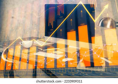 Double exposure of chart and financial info and work space with computer background. Concept of international online trading. - Shutterstock ID 2233909311