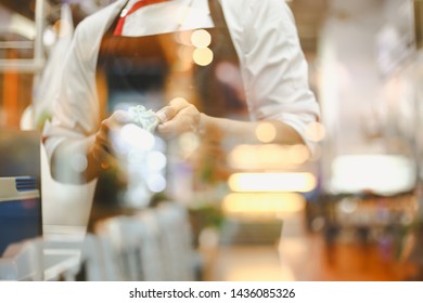 Double Exposure Chef Preparing With Food On Kitchen