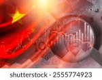 Double exposure of China flag on Yuan banknote and magnifier glass with stock market graph chart .It is symbol of china high growth economy and possibility economic crisis concept.