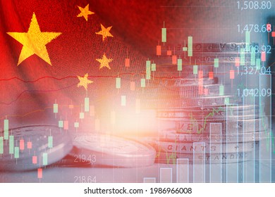 Double exposure of China flag on coins stacking and stock market graph chart .It is symbol of china high growth economy and technology. - Shutterstock ID 1986966008