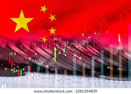Double exposure of China flag on coins stacking and stock market graph chart .It is symbol of china high growth economy and investment  technology concept.