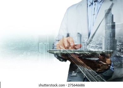Double exposure of city and businessman on the phone as Business development concept.