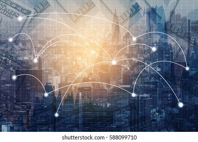 Double Exposure City And Global Business Network Connection With Dollar And Trading Graph. 