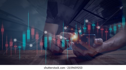 Double Exposure City Of Graph, Businessman Analyzing Forex Trading Graph Financial Data,business Finance Technology And Investment Trading Trader Investor, Business Concept.