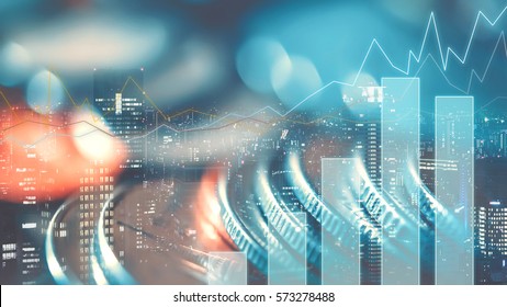 Double Exposure Of City, Graph And Rows Of Coins For Finance And Business Concept