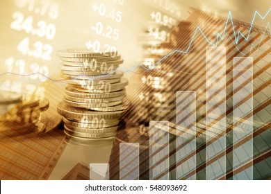 Double Exposure Of City, Graph, Stock Display And Money For Finance And Business Concept