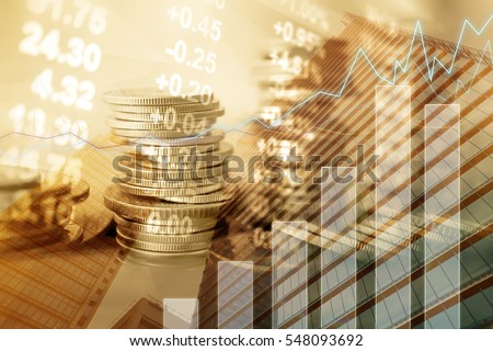 Double exposure of city, graph, stock display and money for finance and business concept