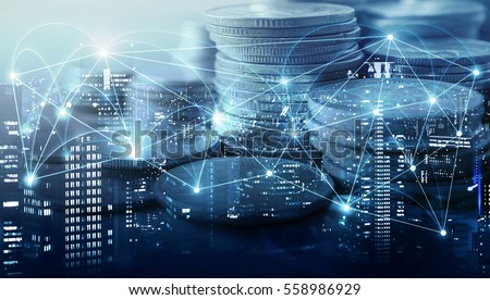 Double exposure of city , network or connection and rows of coins for finance and business concept