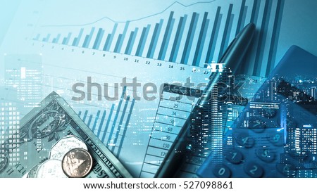 Double exposure of city and pen, calculator , money , graph for finance and business concept