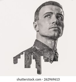 Double Exposure Of A City And Professional Businessman Portrait Looking Up