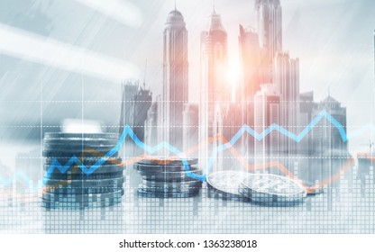Double exposure of city and rows of coins with stock and financial graph on virtual screen. Business Investment concept. - Shutterstock ID 1363238018