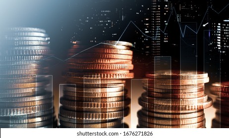 Doppelte Belichtung von Stadt- und Münzzeilen für Geld-, Finanz- und Geschäftskonzept