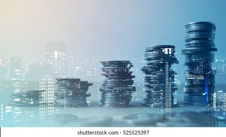 Doppelexposition von Stadt- und Münzreihen für das Finanz- und Bankkonzept