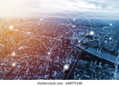 Double Exposure City Scape And Network Connection And Trading Graph . Concept For New Global Business. Blockchain Connect