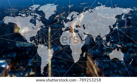 Double exposure of city scape, worldmap and connecting dots. Globalization and corporate communication concept.