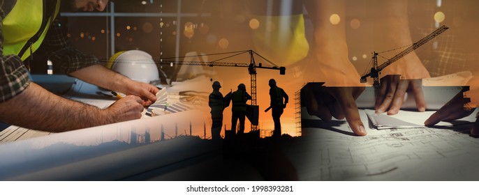Double exposure of civil engineer silhouette at construction site with building designer working and meeting at night in banner site