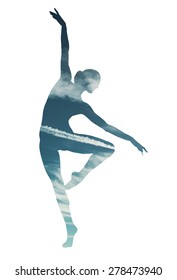 Double exposure of classical dancer and cloudscape
