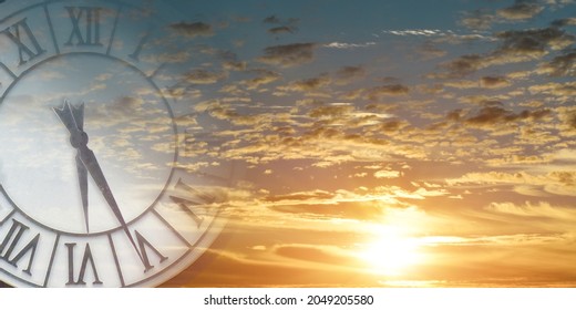 Double exposure of clock face in sunset sky. Time passing concept.