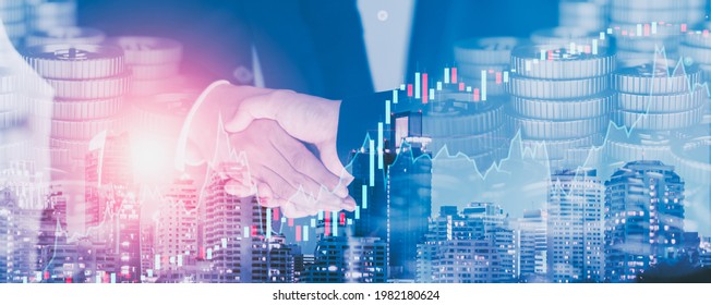 Double Exposure - Close Up Businessman Handshake To Business Partner And Trade Agreements And Deals In Urban Center, Business Negotiations And Trade,blurred Background,Banner Header Panoramic