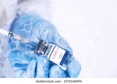 Double Exposure ,Close Up, Vaccine Treatment For Covid 19 Doctor Hold Bottle Of Liquid Vaccines To Recover Sick People And Lower Death Rate Concept Diseases Medical Care Science, Fight Against Virus