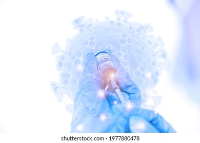 Double Exposure ,Close Up, Vaccine  For Covid 19 Doctor Hold Bottle Of Liquid Vaccines To Recover Sick People And Lower Death Rate Concept Diseases Medical Care Science, Fight Against Corona Virus