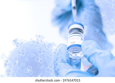 Double Exposure ,Close Up Vaccine Treatment For Covid 19 Doctor Hold Bottle Of Liquid Vaccines To Recover Sick People And Lower Death Rate Concept Diseases Medical Care Science, Fight Against Covid19.