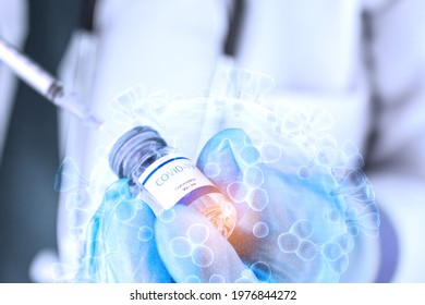 Double Exposure ,Close Up Vaccine Treatment For Covid 19 Doctor Hold Bottle Of Liquid Vaccines To Recover Sick People And Lower Death Rate Concept Diseases Medical Care Science, Fight Against Covid19.